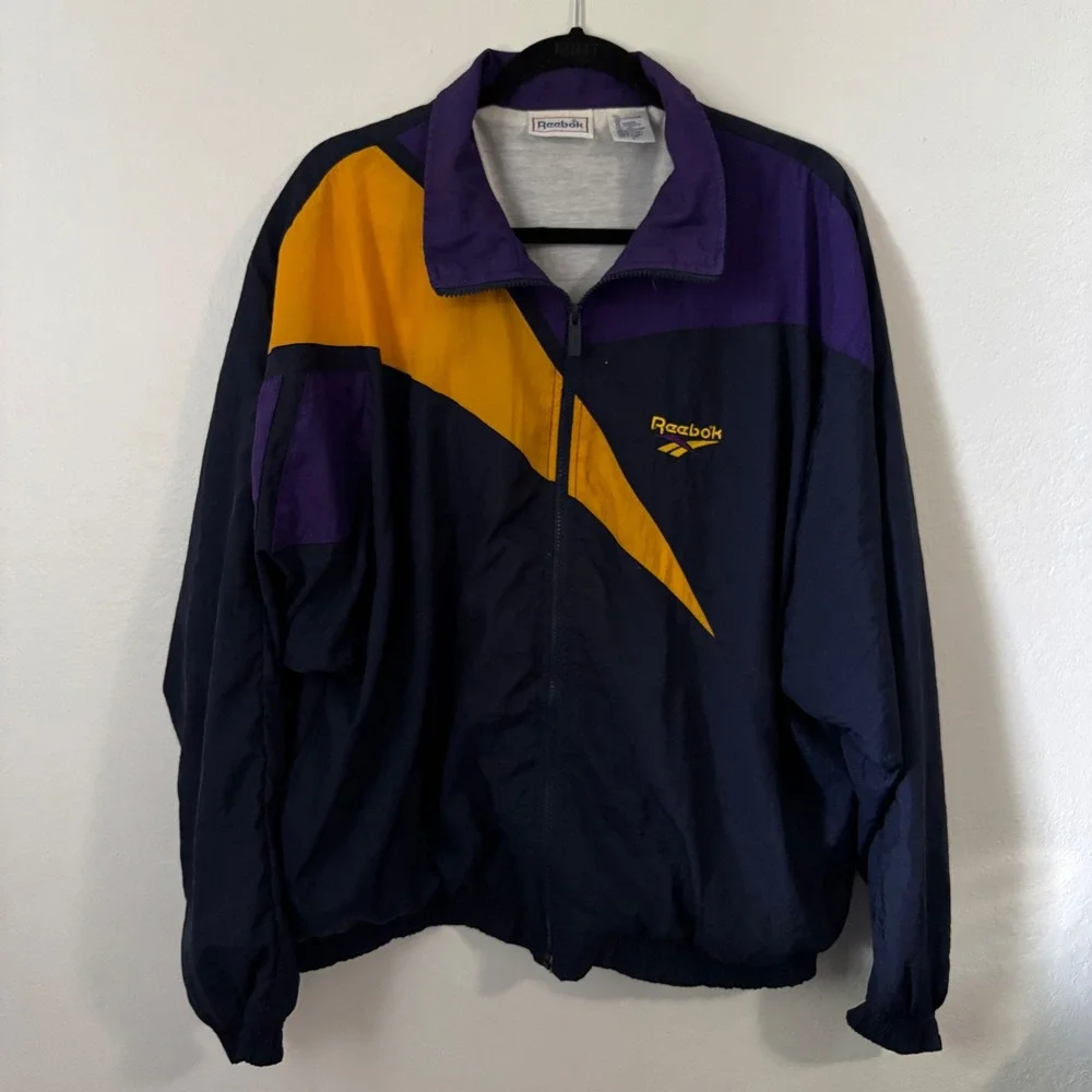 Vtg 90s Reebok Windbreaker Jacket Navy Purple Gold Colorblock Men Large‎ L